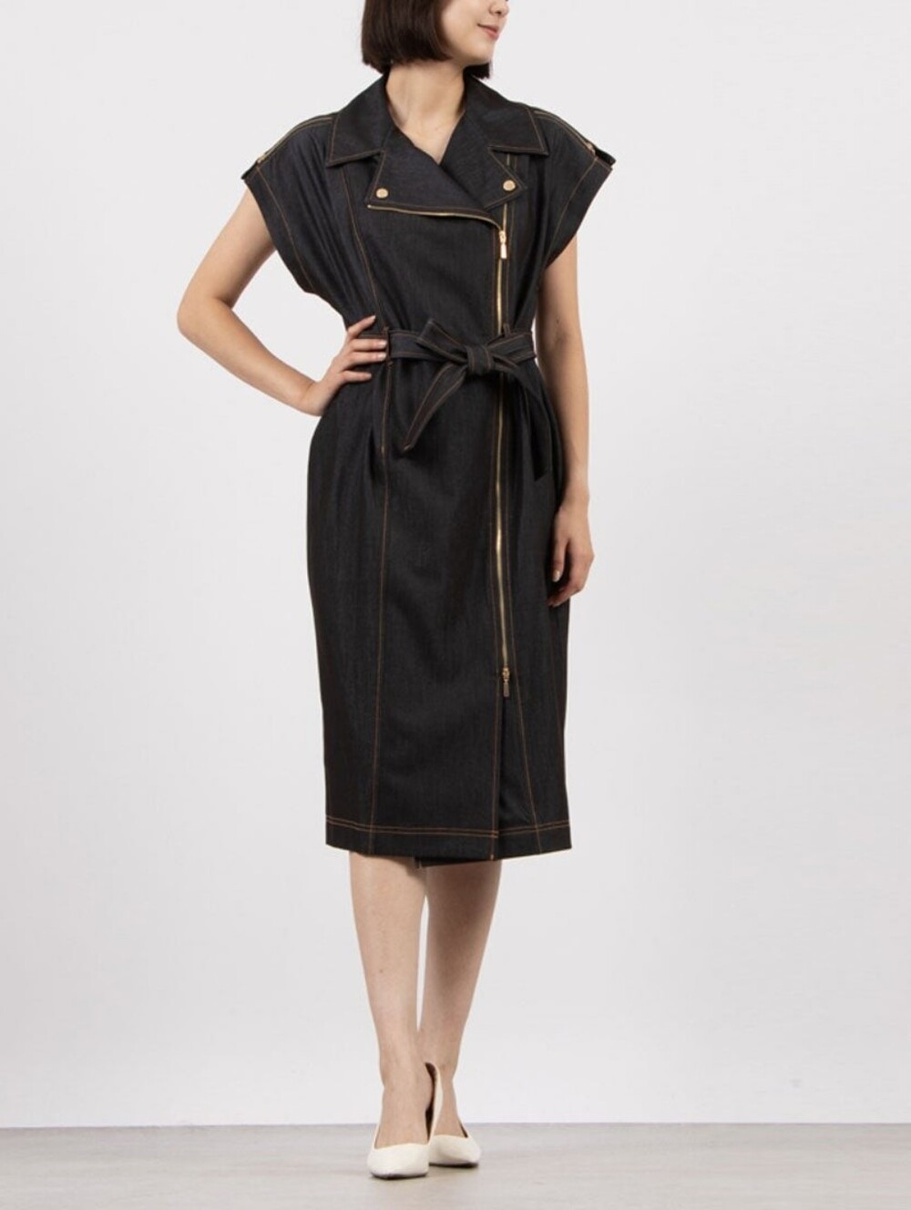 Calvin Klein Black Sleeveless Denim Midi Dress with Belt